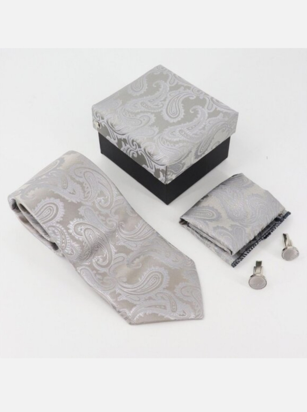 NEW 3-Pc Boxed Gift Tie Set Coordinated Silver Paisley Cuff Links Hankerchief